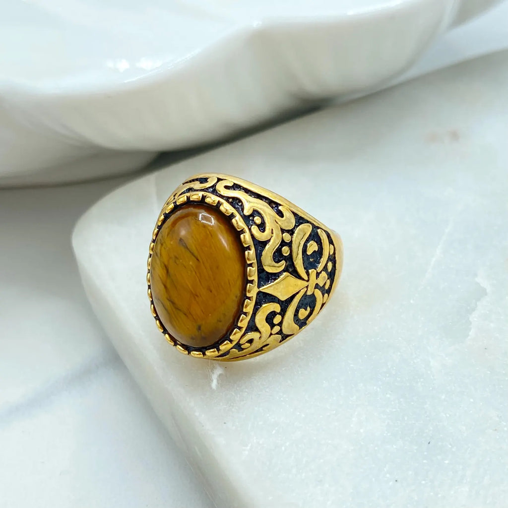 Stainless Steel Vintage Men's Ring with Brown Stone, Bold Statement Jewelry, Wholesale Jewelry