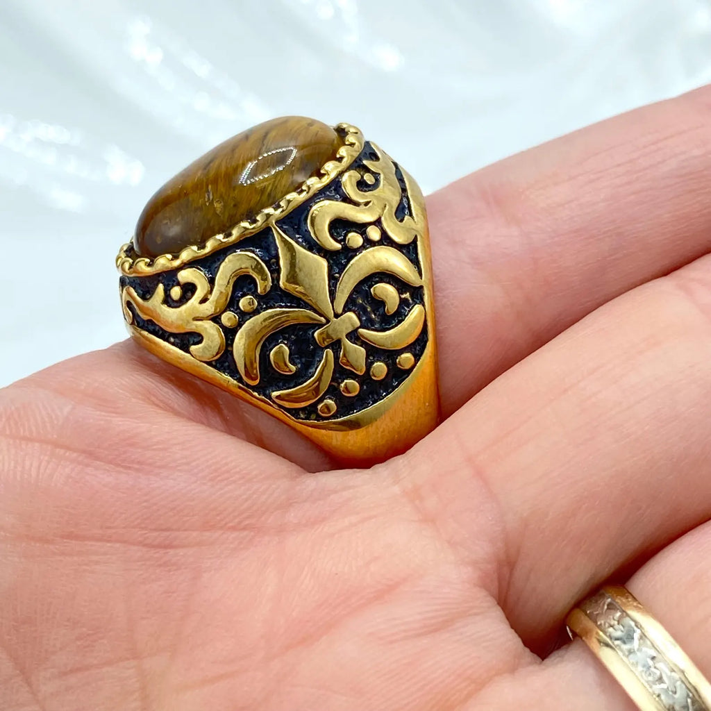 Stainless Steel Vintage Men's Ring with Brown Stone, Bold Statement Jewelry, Wholesale Jewelry