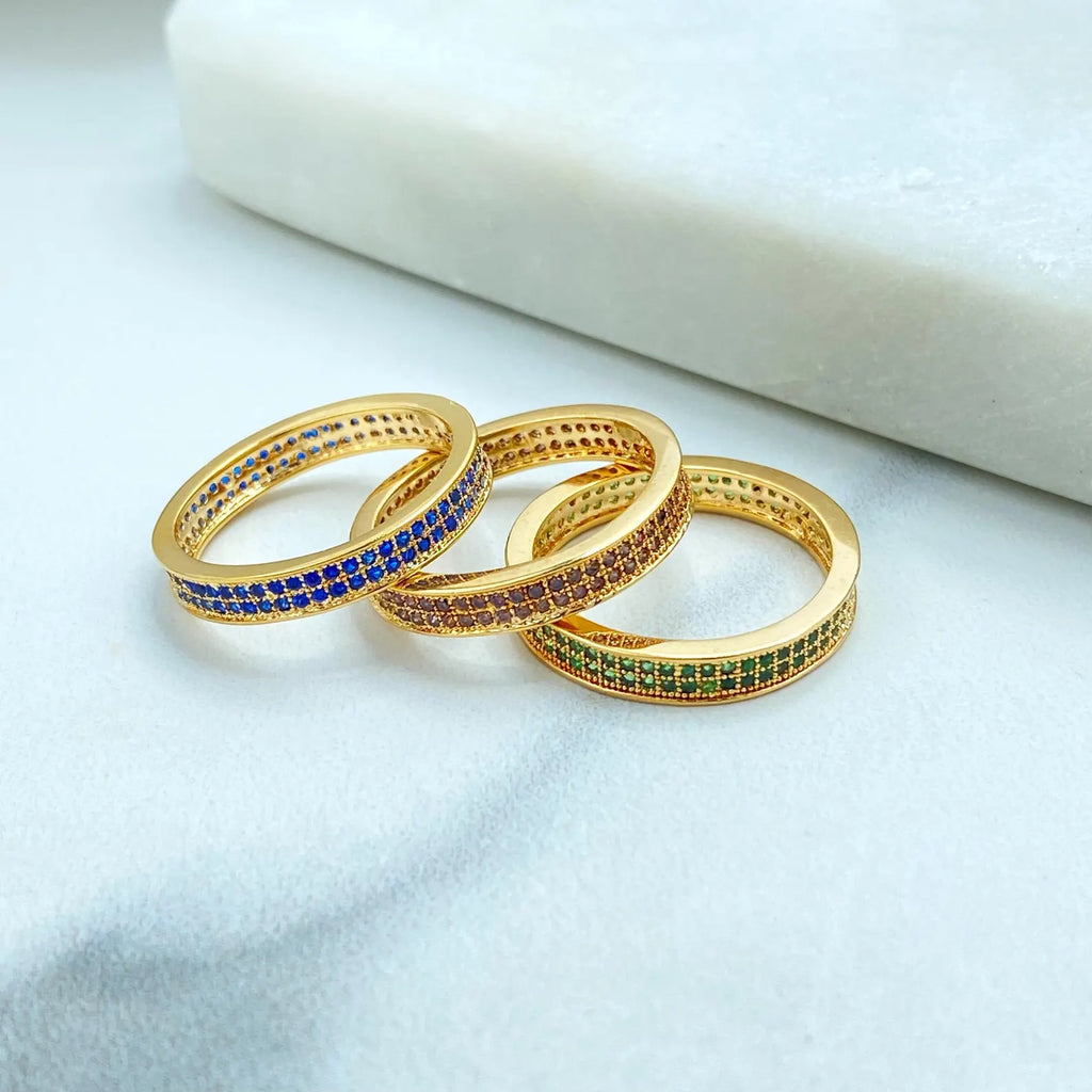 18k Gold Filled Colored CZ Band Rings, Stackable Rings in Blue, Green & Champagne, Wholesale Jewelry