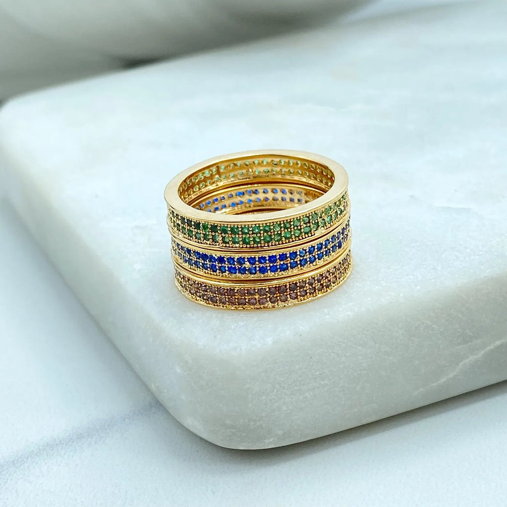 18k Gold Filled Colored CZ Band Rings, Stackable Rings in Blue, Green & Champagne, Wholesale Jewelry