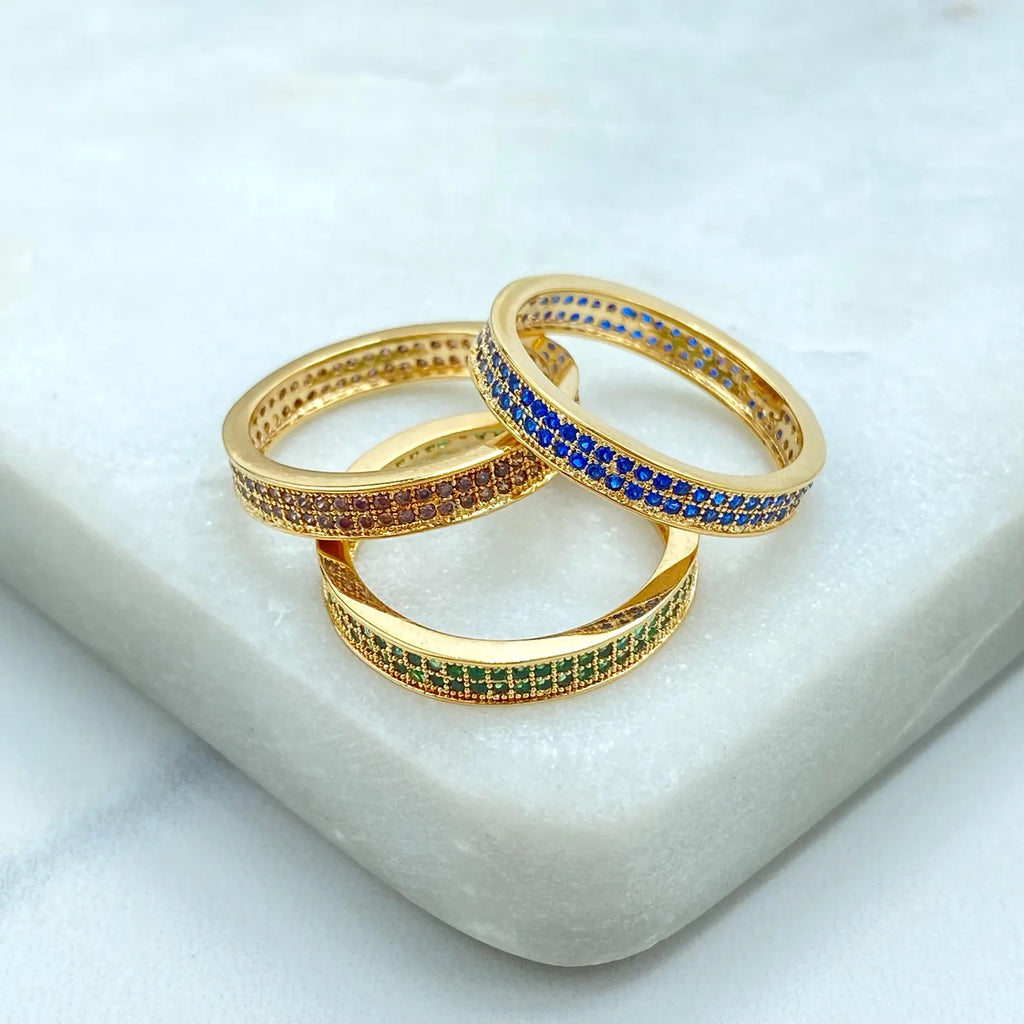18k Gold Filled Colored CZ Band Rings, Stackable Rings in Blue, Green & Champagne, Wholesale Jewelry