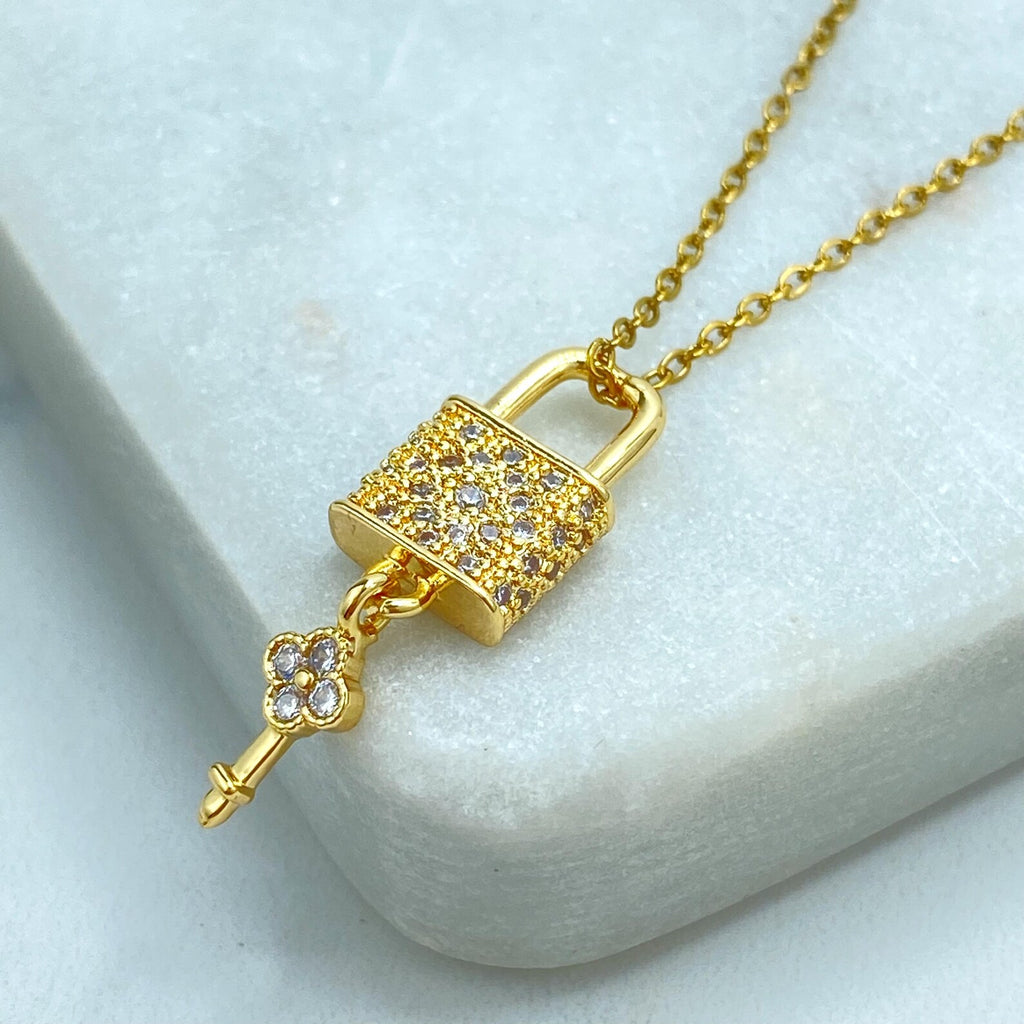 Stainless Steel Lock and Key Necklace, CZ Pave Padlock Pendant, Gold Chain Necklace, Dainty Statement Jewelry