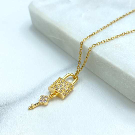 Stainless Steel Lock and Key Necklace, CZ Pave Padlock Pendant, Gold Chain Necklace, Dainty Statement Jewelry
