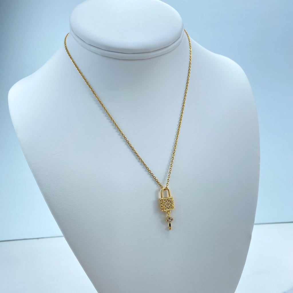 Stainless Steel Lock and Key Necklace, CZ Pave Padlock Pendant, Gold Chain Necklace, Dainty Statement Jewelry