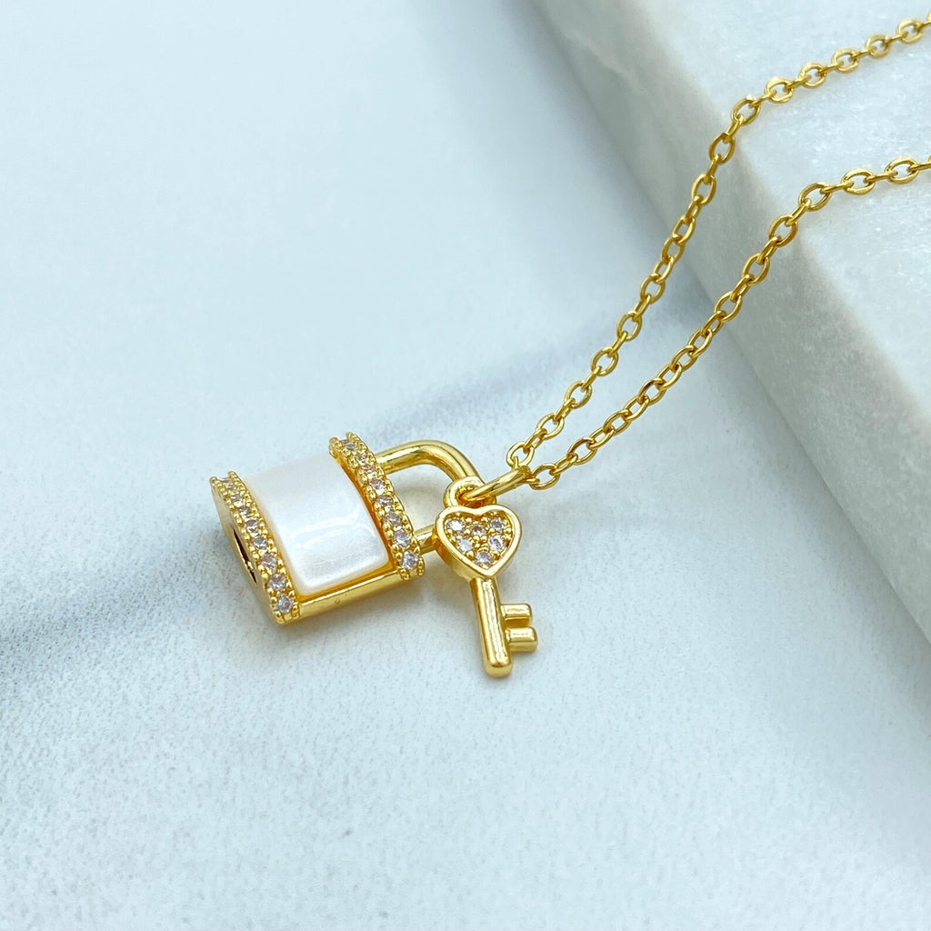 Stainless Steel CZ Lock and Key Necklace, Gold Plated Padlock Pendant with Mother of Pearl Detail, Wholesale Jewelry