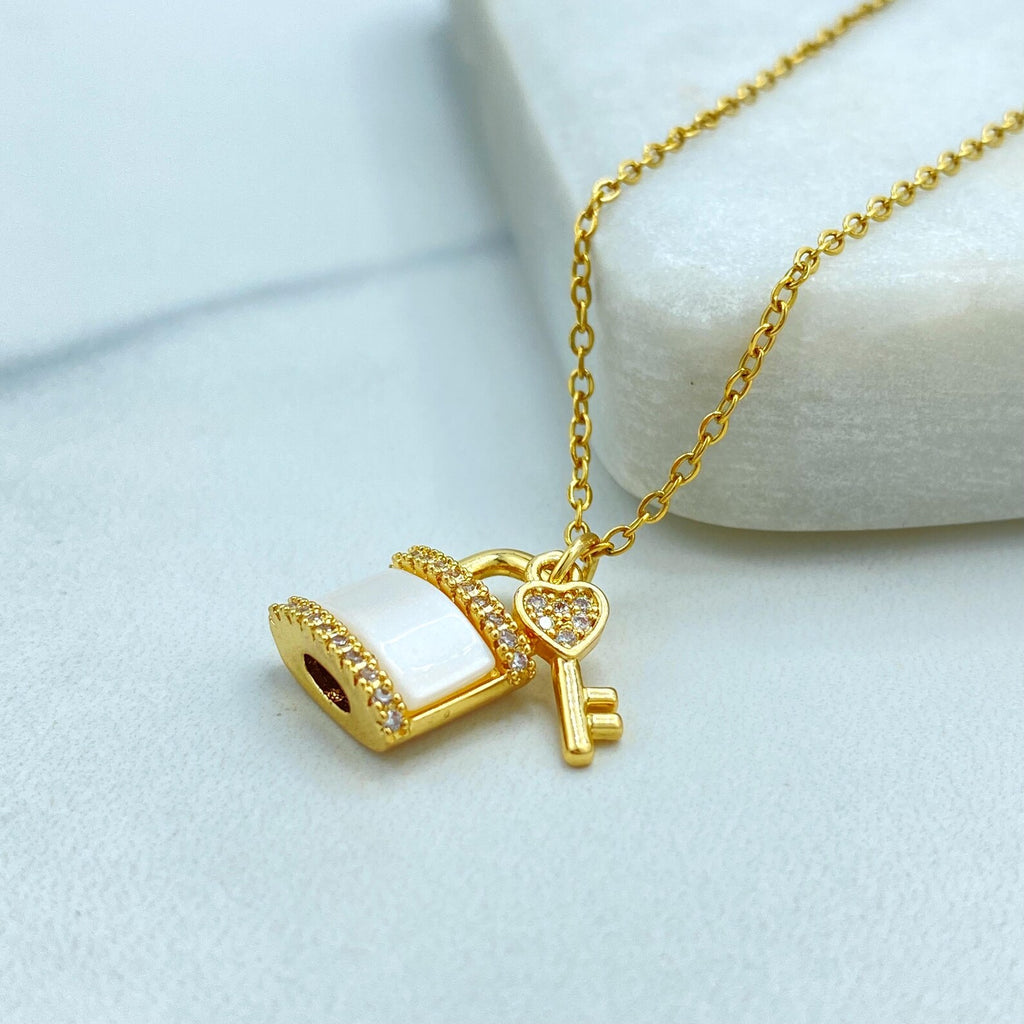 Stainless Steel CZ Lock and Key Necklace, Gold Plated Padlock Pendant with Mother of Pearl Detail, Wholesale Jewelry