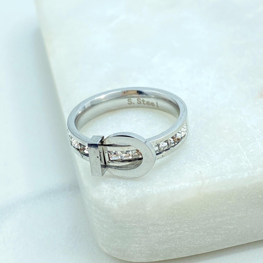 Stainless Steel Belt Design Ring, Silver and Gold Finish, CZ Stone Detail, Modern Ring, Wholesale Jewelry