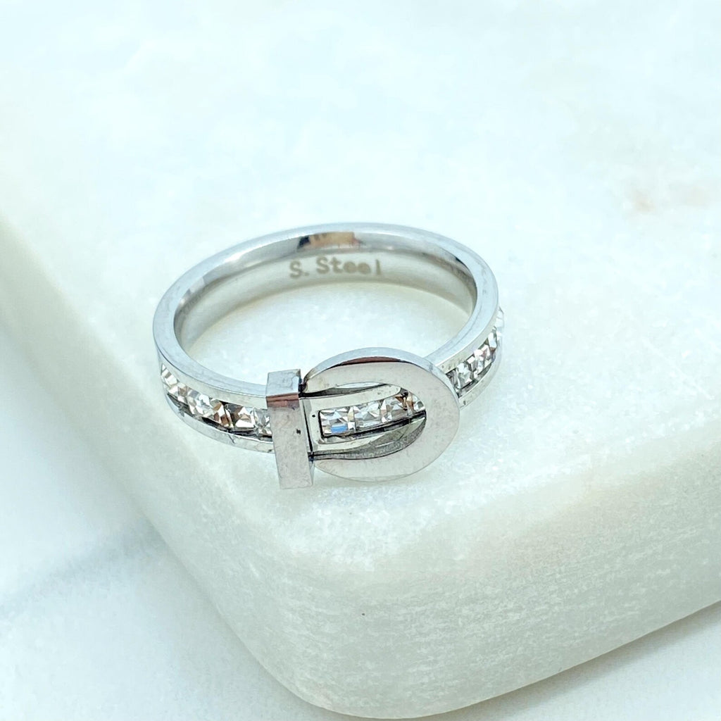 Stainless Steel Belt Design Ring, Silver and Gold Finish, CZ Stone Detail, Modern Ring, Wholesale Jewelry