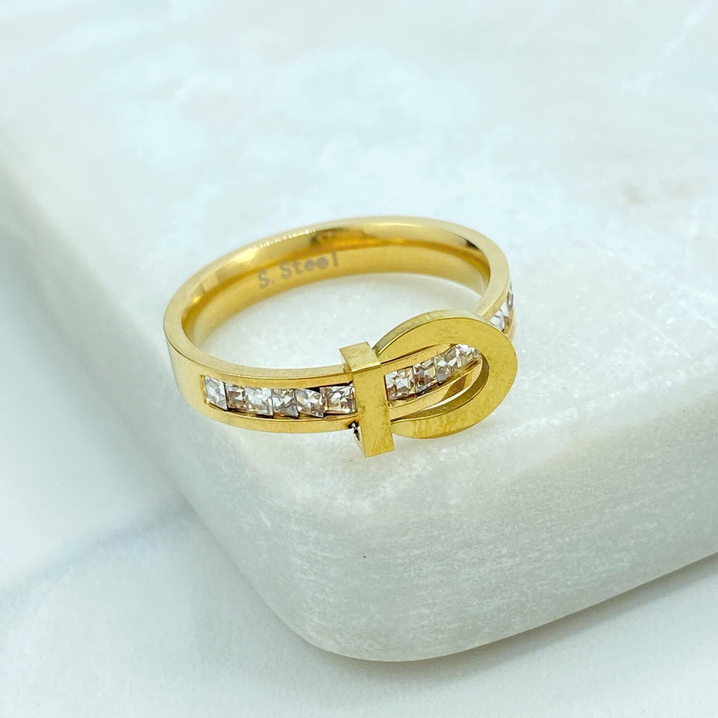 Stainless Steel Belt Design Ring, Silver and Gold Finish, CZ Stone Detail, Modern Ring, Wholesale Jewelry