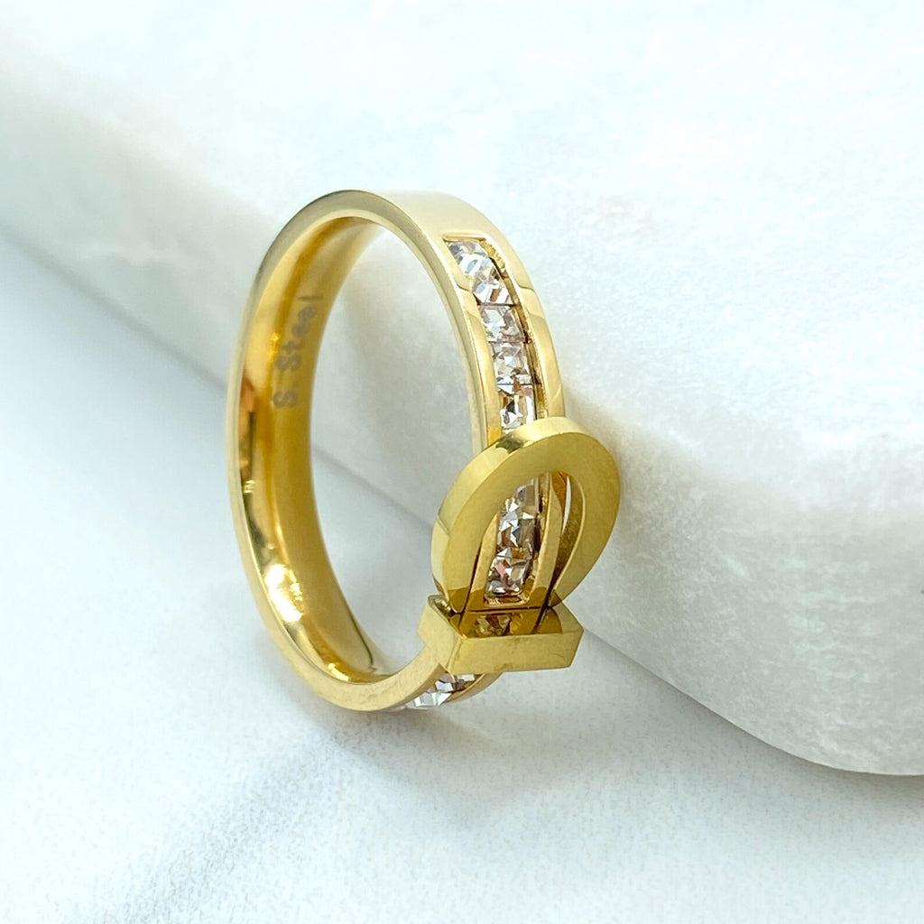 Stainless Steel Belt Design Ring, Silver and Gold Finish, CZ Stone Detail, Modern Ring, Wholesale Jewelry