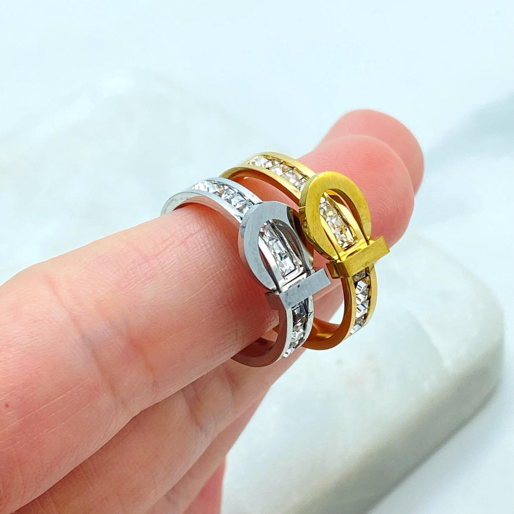 Stainless Steel Belt Design Ring, Silver and Gold Finish, CZ Stone Detail, Modern Ring, Wholesale Jewelry