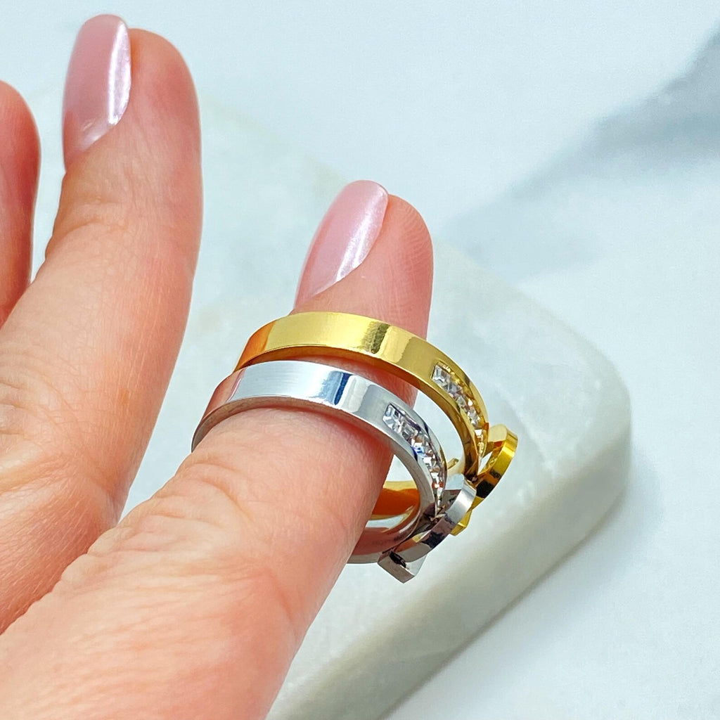 Stainless Steel Belt Design Ring, Silver and Gold Finish, CZ Stone Detail, Modern Ring, Wholesale Jewelry