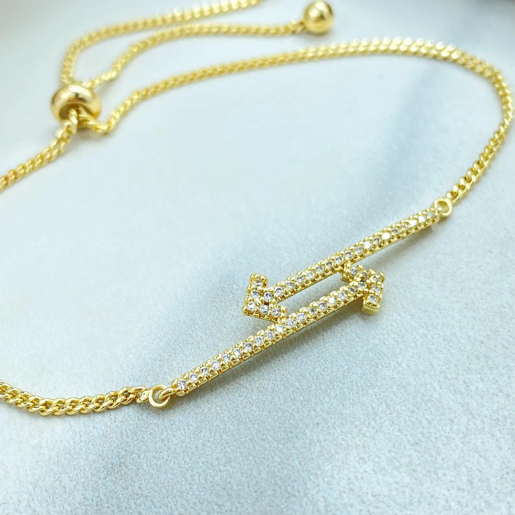 18k Gold Filled Adjustable Arrow Bracelet, Micro CZ Pavé Design, Dainty Minimalist Jewelry, Wholesale Jewelry