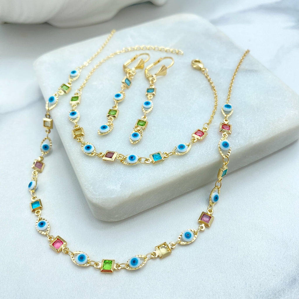 18k Gold Filled Evil Eye Jewelry Set, Multicolor CZ Stones Necklace, Bracelet & Earrings, Wholesale Jewelry