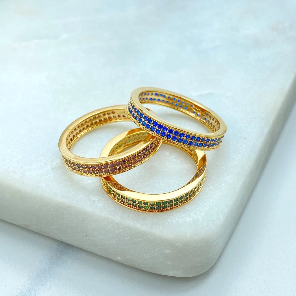 18k Gold Filled Colored CZ Band Rings, Stackable Rings in Blue, Green & Champagne, Wholesale Jewelry