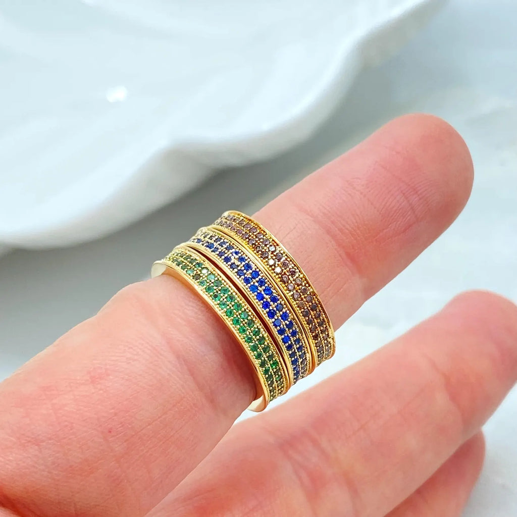 18k Gold Filled Colored CZ Band Rings, Stackable Rings in Blue, Green & Champagne, Wholesale Jewelry