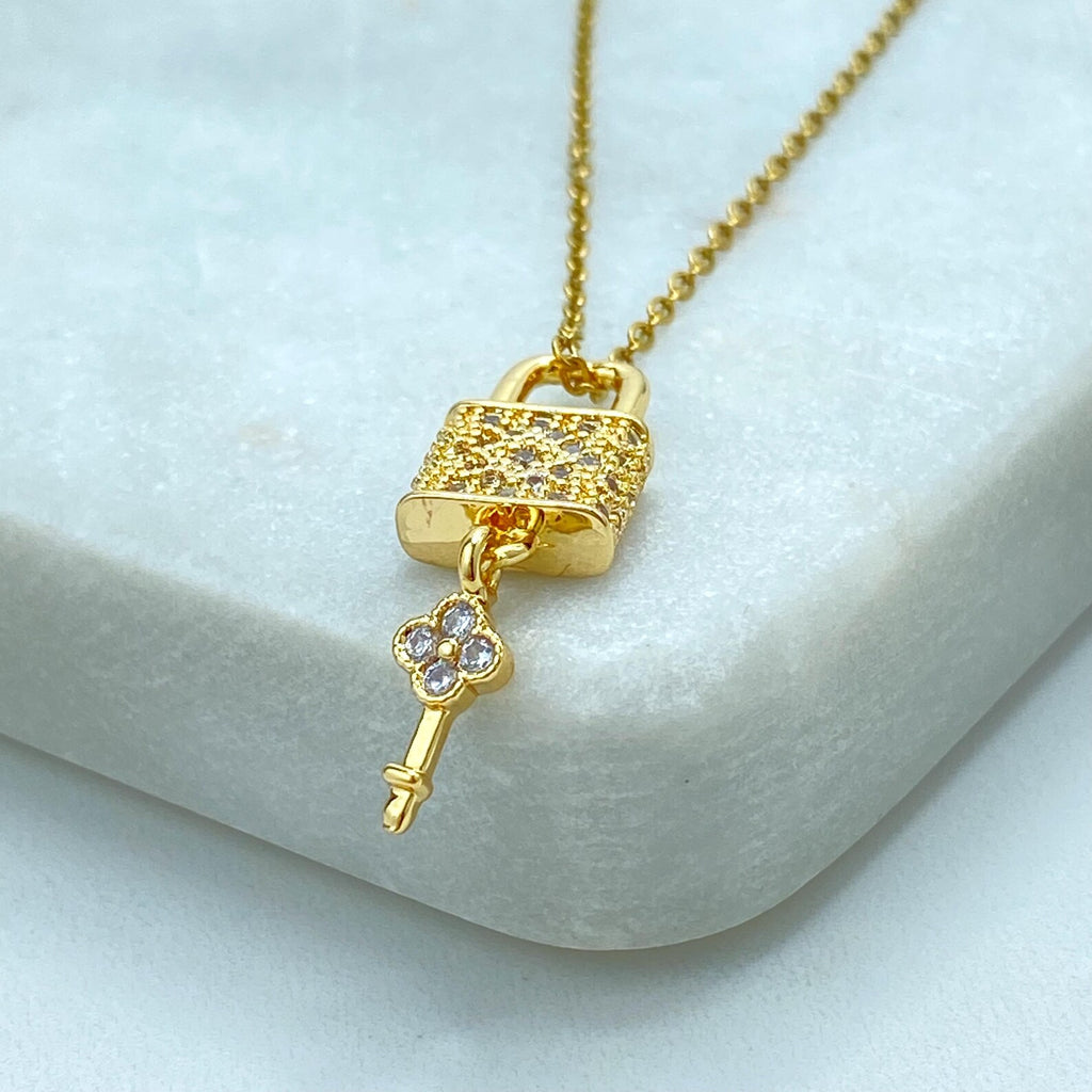 Stainless Steel Lock and Key Necklace, CZ Pave Padlock Pendant, Gold Chain Necklace, Dainty Statement Jewelry