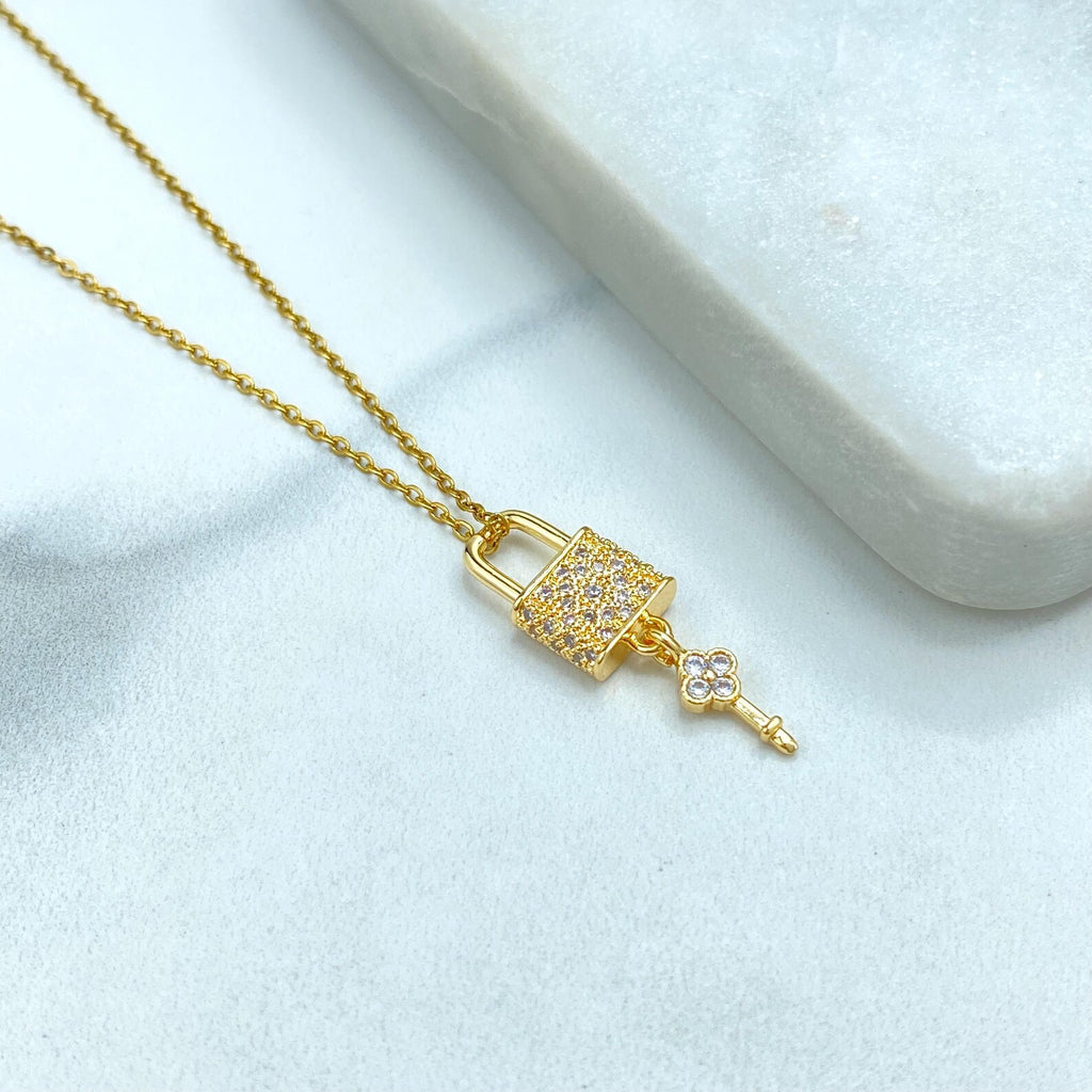 Stainless Steel Lock and Key Necklace, CZ Pave Padlock Pendant, Gold Chain Necklace, Dainty Statement Jewelry