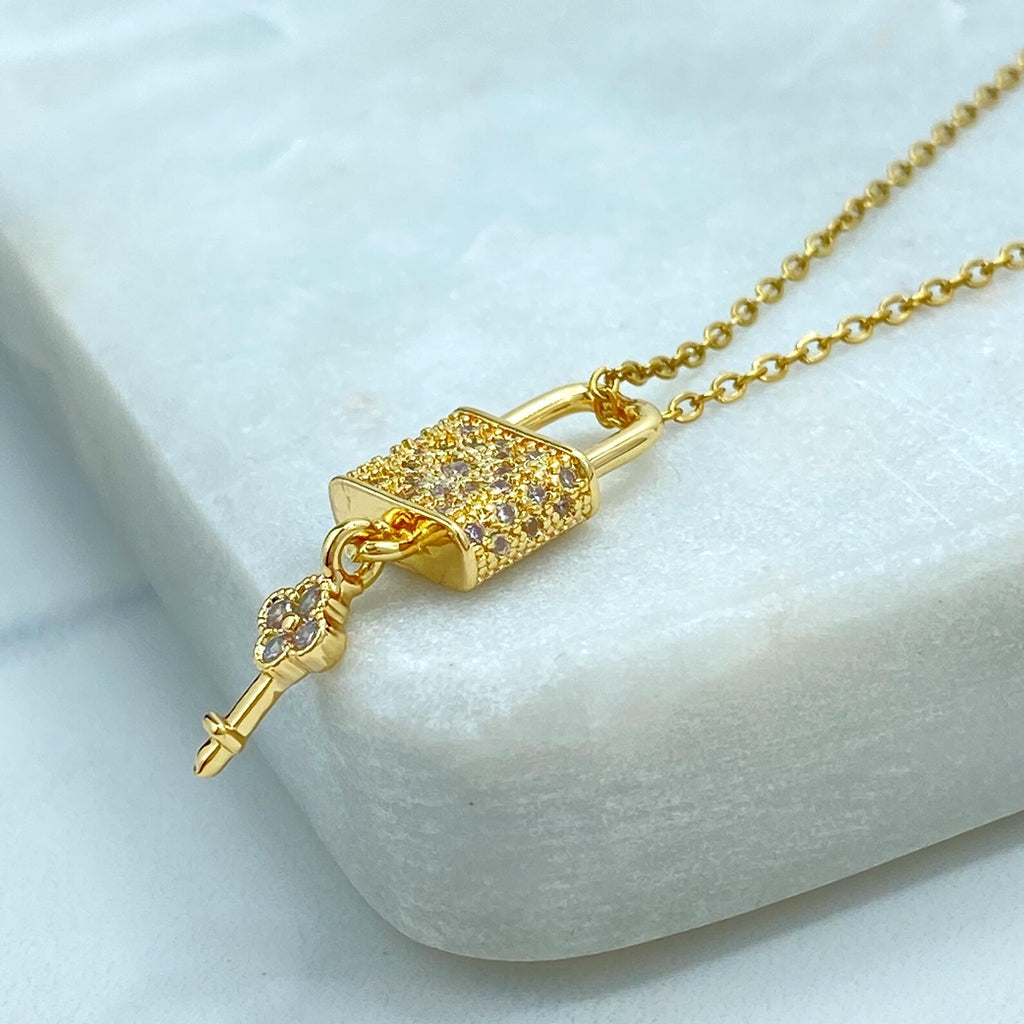 Stainless Steel Lock and Key Necklace, CZ Pave Padlock Pendant, Gold Chain Necklace, Dainty Statement Jewelry