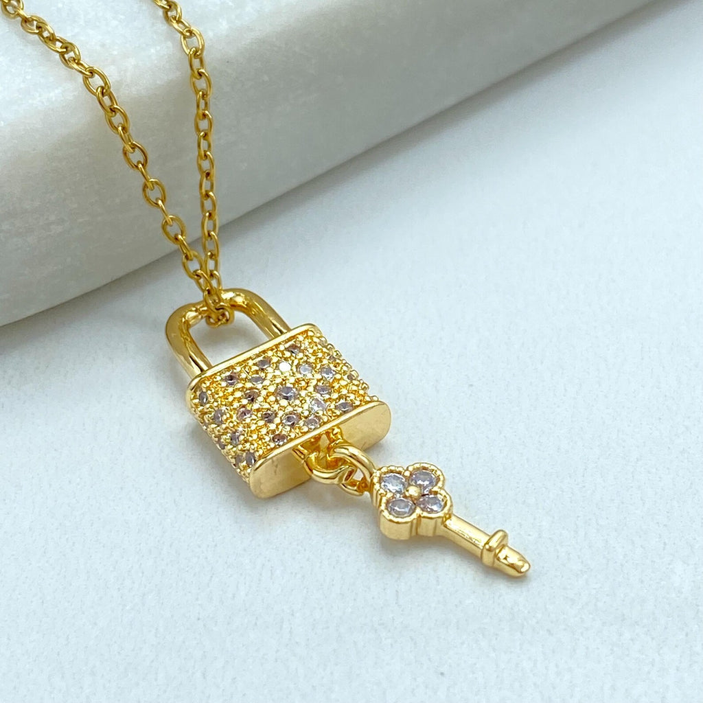 Stainless Steel Lock and Key Necklace, CZ Pave Padlock Pendant, Gold Chain Necklace, Dainty Statement Jewelry
