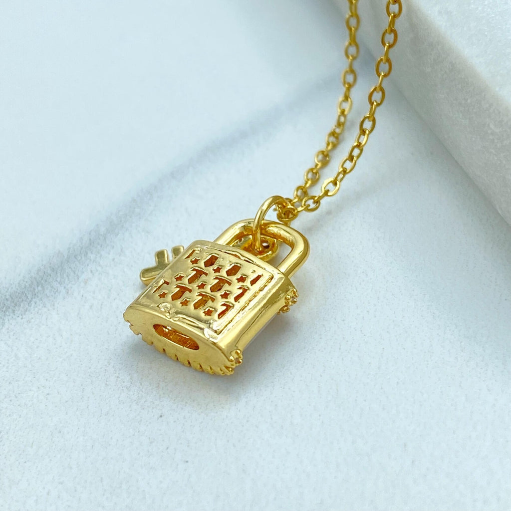 Stainless Steel CZ Lock and Key Necklace, Gold Plated Padlock Pendant with Mother of Pearl Detail, Wholesale Jewelry