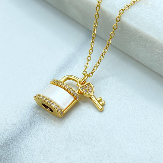 Stainless Steel CZ Lock and Key Necklace, Gold Plated Padlock Pendant with Mother of Pearl Detail, Wholesale Jewelry