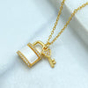 Stainless Steel CZ Lock and Key Necklace, Gold Plated Padlock Pendant with Mother of Pearl Detail, Wholesale Jewelry