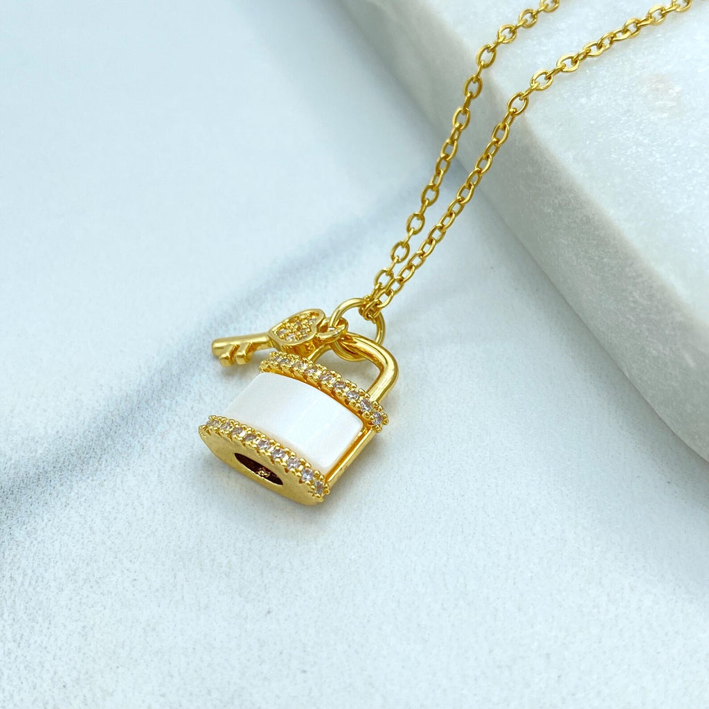 Stainless Steel CZ Lock and Key Necklace, Gold Plated Padlock Pendant with Mother of Pearl Detail, Wholesale Jewelry