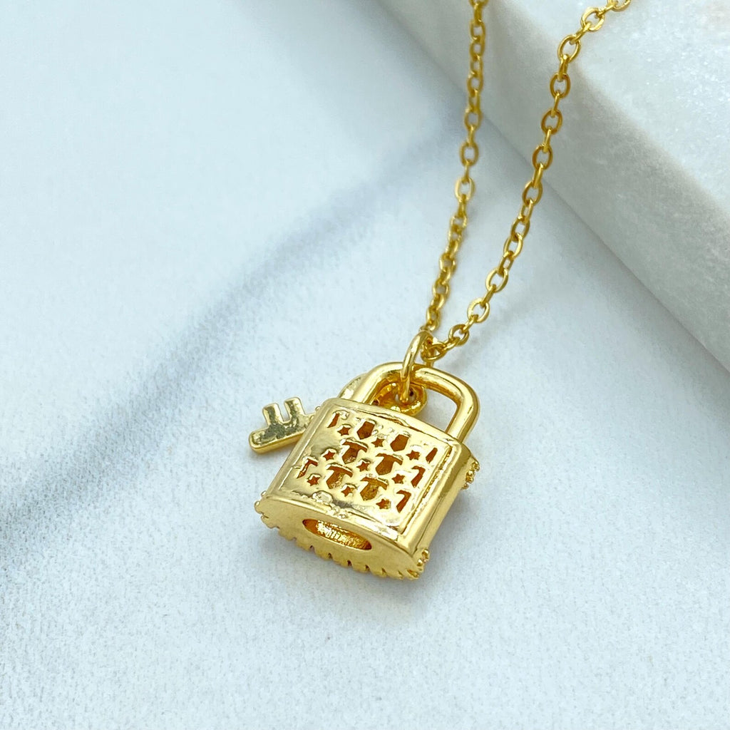 Stainless Steel CZ Lock and Key Necklace, Gold Plated Padlock Pendant with Mother of Pearl Detail, Wholesale Jewelry