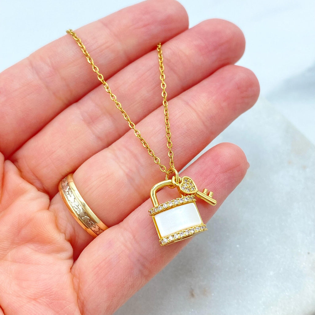 Stainless Steel CZ Lock and Key Necklace, Gold Plated Padlock Pendant with Mother of Pearl Detail, Wholesale Jewelry