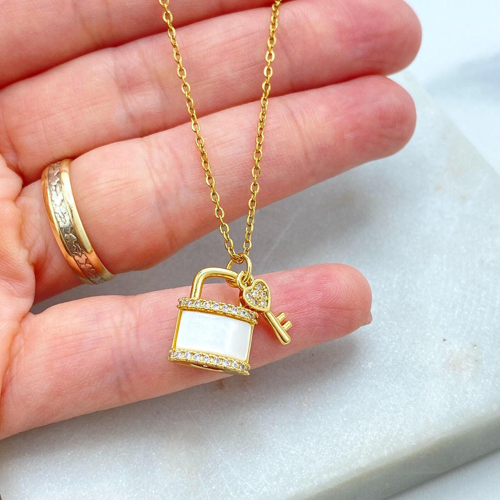 Stainless Steel CZ Lock and Key Necklace, Gold Plated Padlock Pendant with Mother of Pearl Detail, Wholesale Jewelry