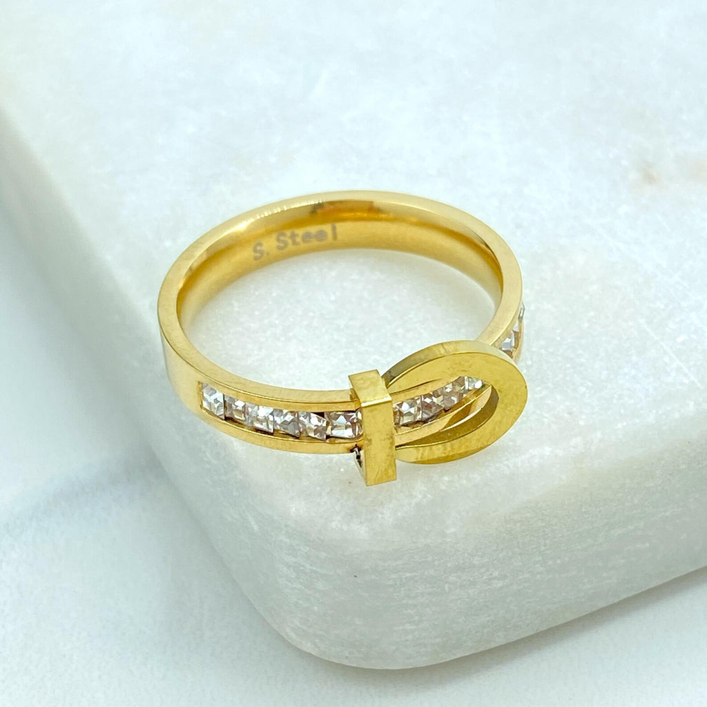 Stainless Steel Belt Design Ring, Silver and Gold Finish, CZ Stone Detail, Modern Ring, Wholesale Jewelry