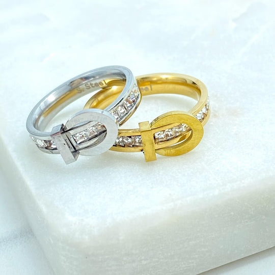 Stainless Steel Belt Design Ring, Silver and Gold Finish, CZ Stone Detail, Modern Ring, Wholesale Jewelry