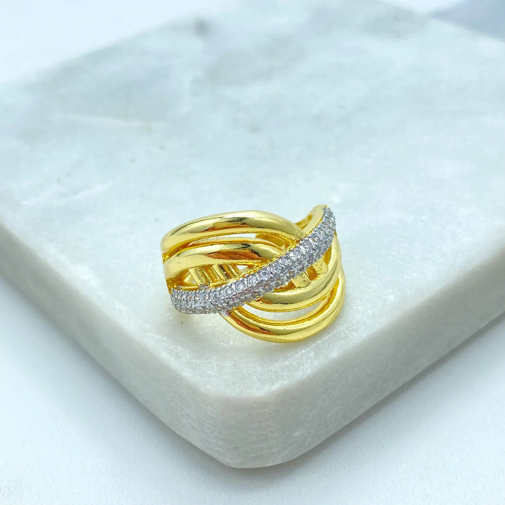 Gold Plated Adjustable Multi-Band Ring, CZ Pavé Statement Ring, Dainty Layered Design, Wholesale Jewelry