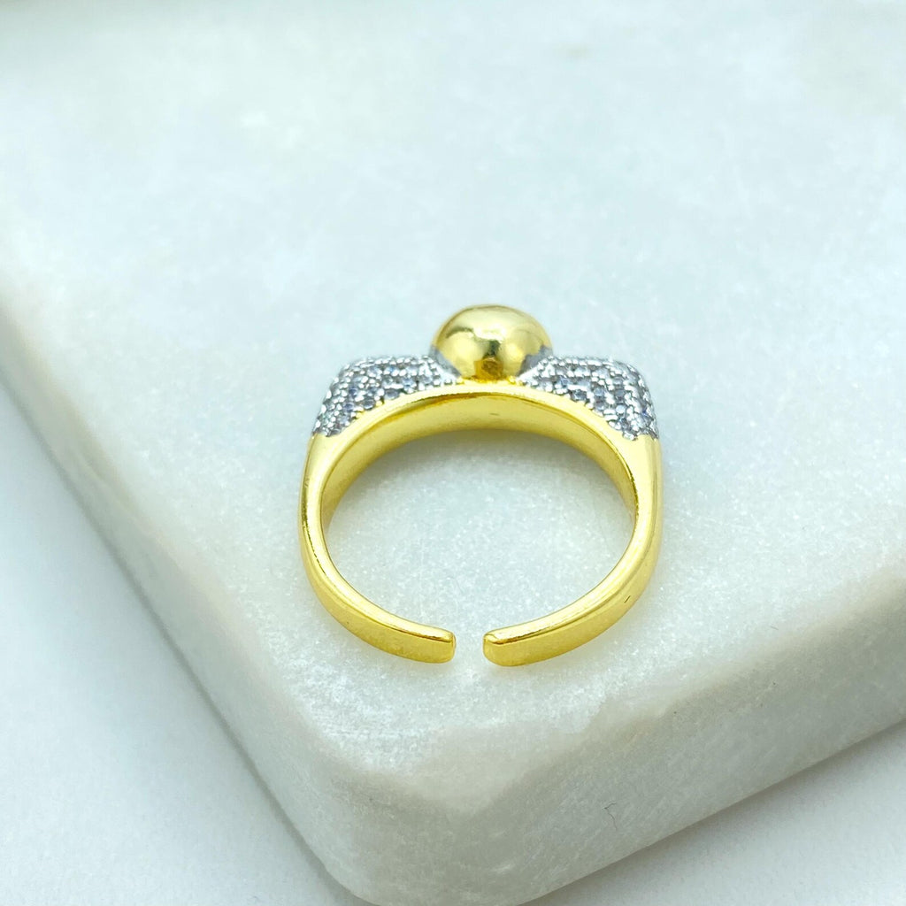 Gold Plated Adjustable Sphere Ring, CZ Pavé Side Detailing, Modern Open Band, Wholesale Jewelry