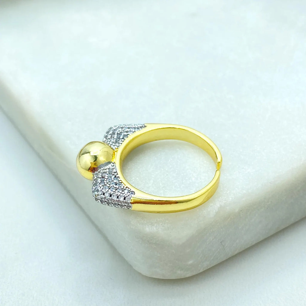 Gold Plated Adjustable Sphere Ring, CZ Pavé Side Detailing, Modern Open Band, Wholesale Jewelry