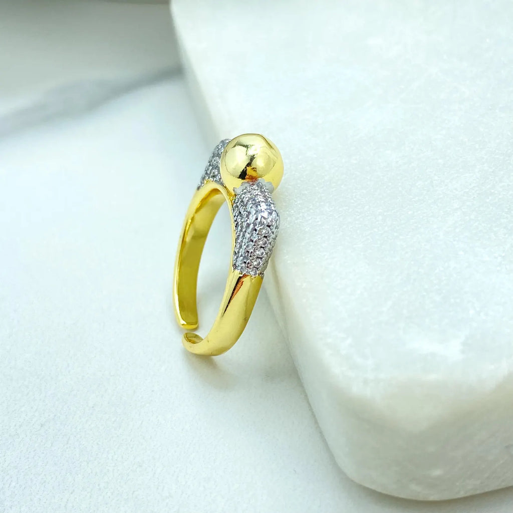 Gold Plated Adjustable Sphere Ring, CZ Pavé Side Detailing, Modern Open Band, Wholesale Jewelry