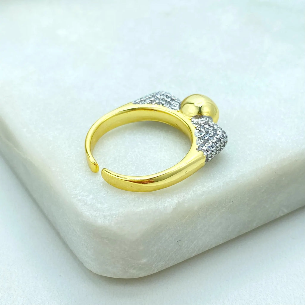 Gold Plated Adjustable Sphere Ring, CZ Pavé Side Detailing, Modern Open Band, Wholesale Jewelry