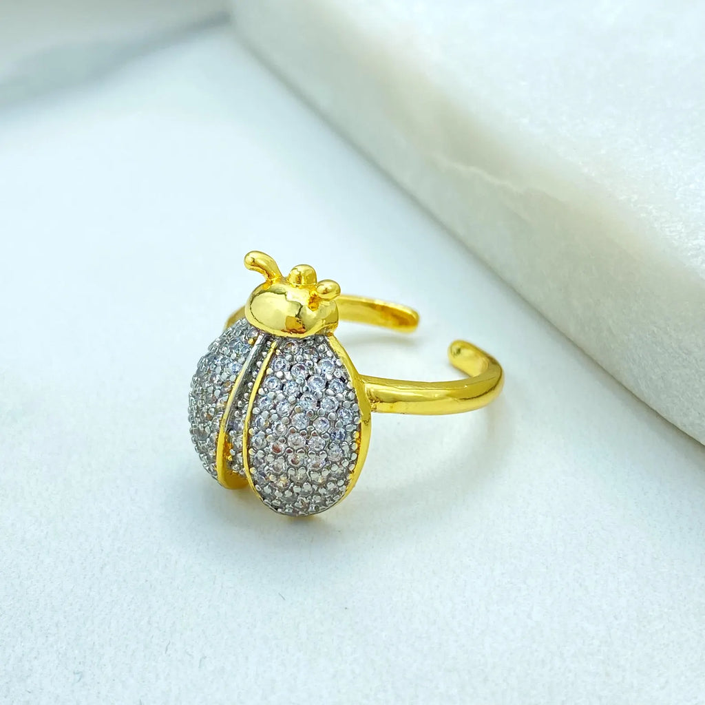 Gold Plated Adjustable Ladybug Ring, CZ Pavé Insect Design, Cute & Elegant Open Band, Wholesale Jewelry