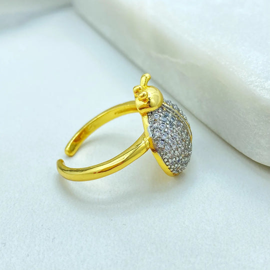 Gold Plated Adjustable Ladybug Ring, CZ Pavé Insect Design, Cute & Elegant Open Band, Wholesale Jewelry