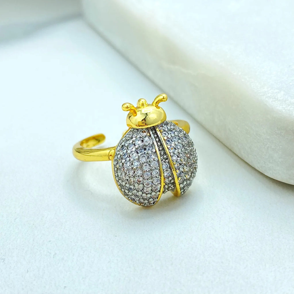 Gold Plated Adjustable Ladybug Ring, CZ Pavé Insect Design, Cute & Elegant Open Band, Wholesale Jewelry