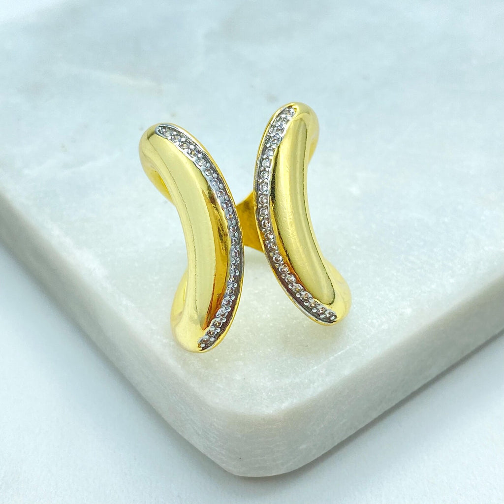 Gold Plated Adjustable Wave Ring, CZ Pavé Open Ring, Modern Curved Band Design, Wholesale Jewelry