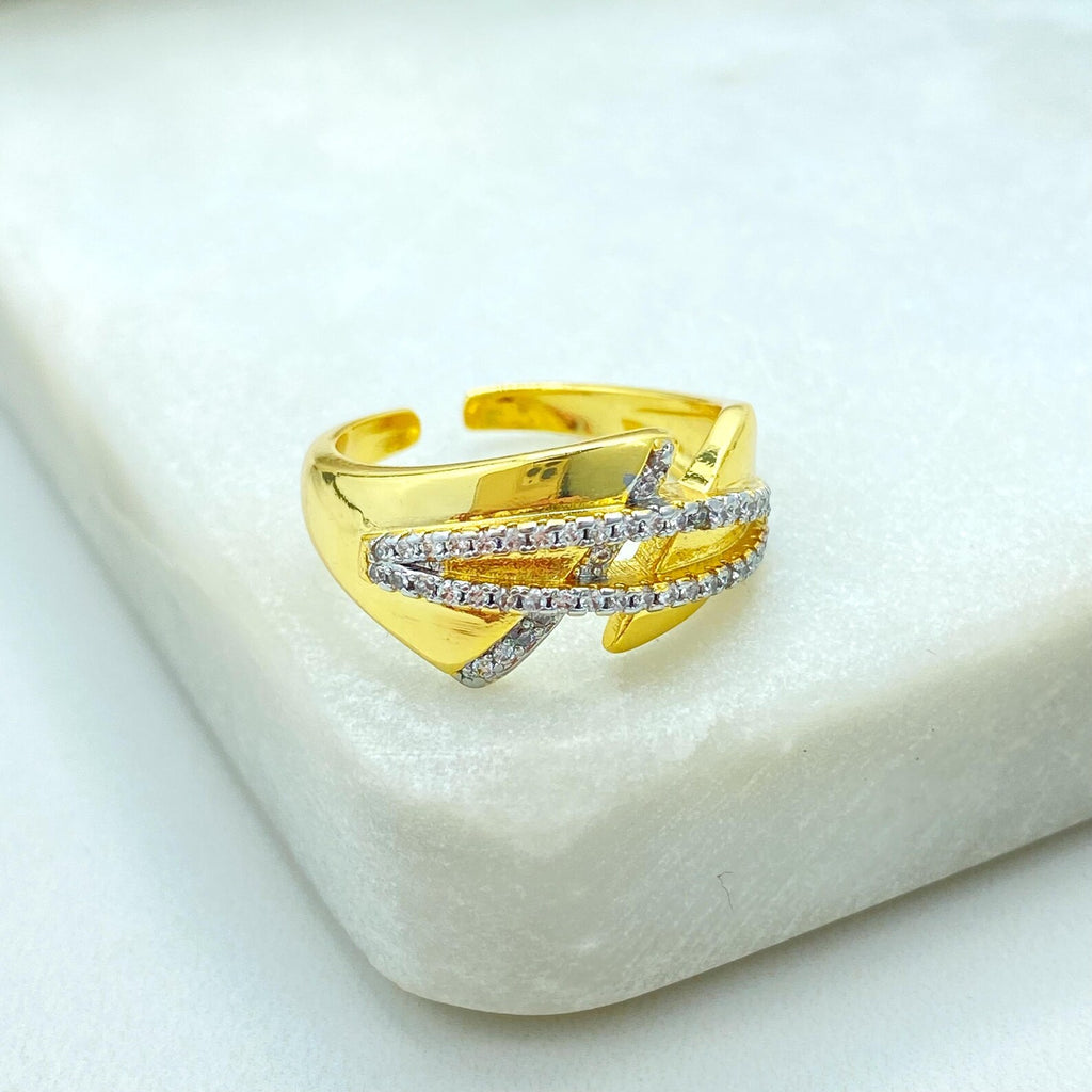 Gold Plated Adjustable Crossed CZ Ring, Elegant Double Row Design, Open Band, Wholesale Jewelry