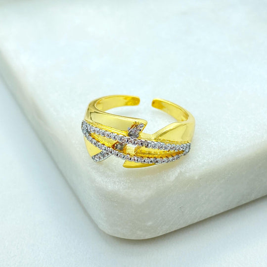 Gold Plated Adjustable Crossed CZ Ring, Elegant Double Row Design, Open Band, Wholesale Jewelry