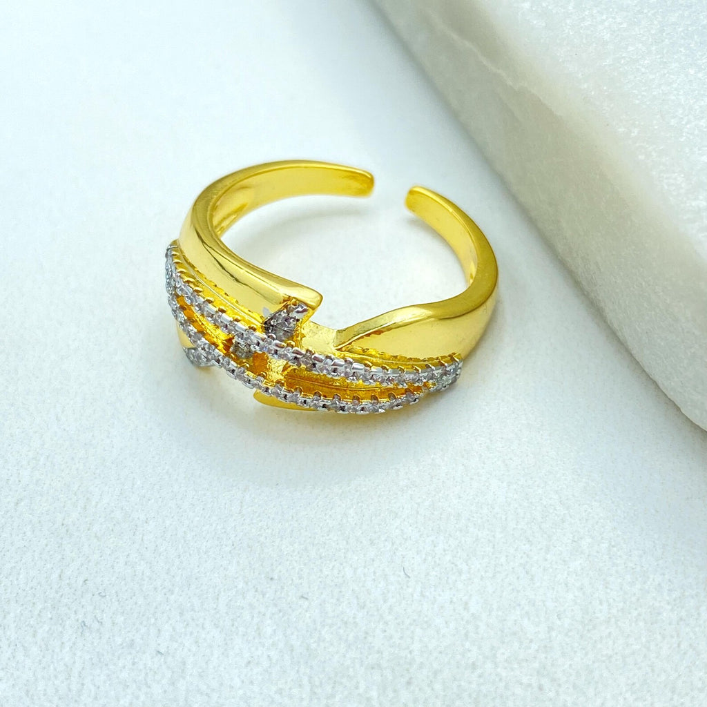 Gold Plated Adjustable Crossed CZ Ring, Elegant Double Row Design, Open Band, Wholesale Jewelry