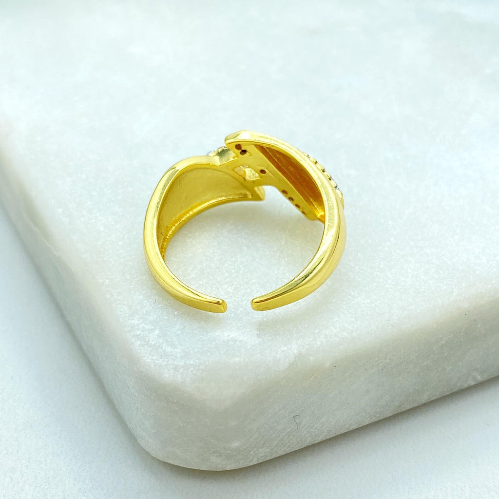 Gold Plated Adjustable Crossed CZ Ring, Elegant Double Row Design, Open Band, Wholesale Jewelry