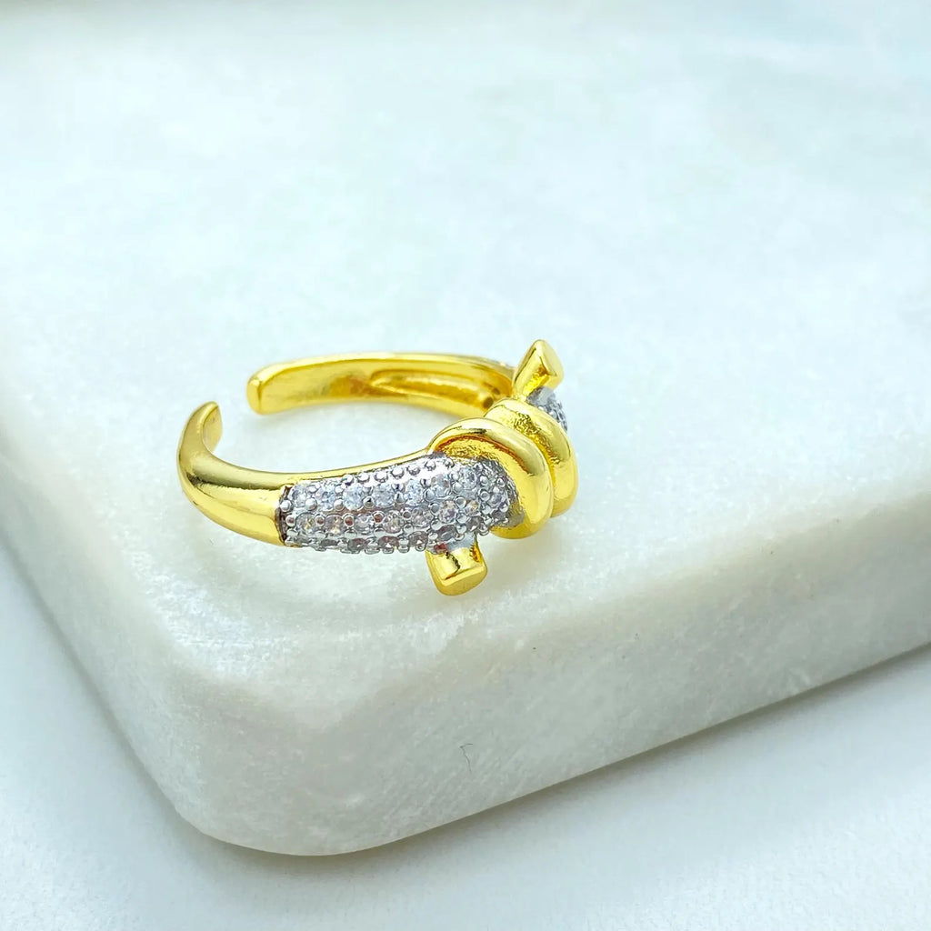 Gold Plated Adjustable Knot Ring, CZ Pavé Detail, Elegant Open Band, Wholesale Jewelry