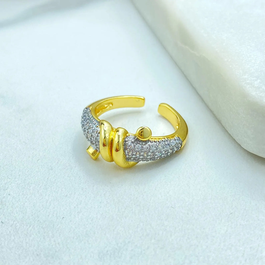Gold Plated Adjustable Knot Ring, CZ Pavé Detail, Elegant Open Band, Wholesale Jewelry
