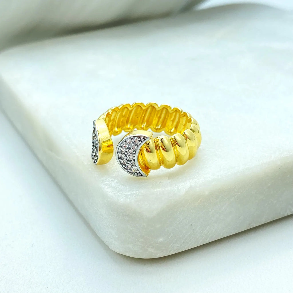 Gold Plated Adjustable Crescent Ring, CZ Pavé Moon Design, Textured Open Band, Wholesale Jewelry