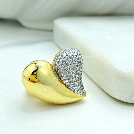 Gold Plated Adjustable Heart Ring, CZ Pavé Half Heart Design, Statement Open Band, Wholesale Jewelry
